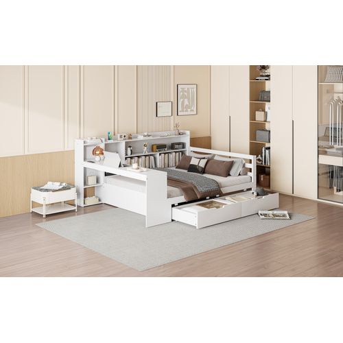 Canapé-lit Bois Massif 140x200 Cm Bureau étagères 2 Grands Rangements Prises Blanc
