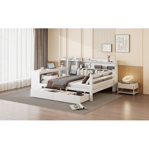 Canapé-lit Bois Massif 140x200 Cm Bureau étagères 2 Grands Rangements Prises Blanc