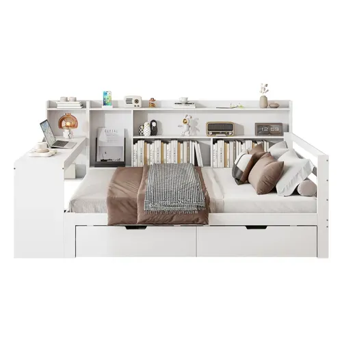 Canapé-lit Bois Massif 140x200 Cm Bureau étagères 2 Grands Rangements Prises Blanc