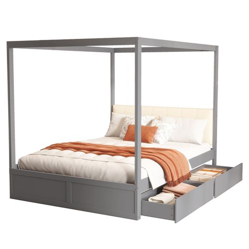 Lit Himmelbett 140x200 Cm En Bois Avec Grands Tiroirs Et Dos Doux, Gris