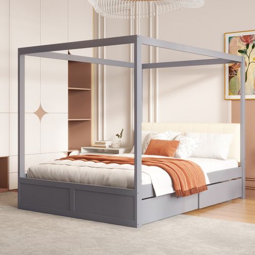 Lit Himmelbett 140x200 Cm En Bois Avec Grands Tiroirs Et Dos Doux, Gris