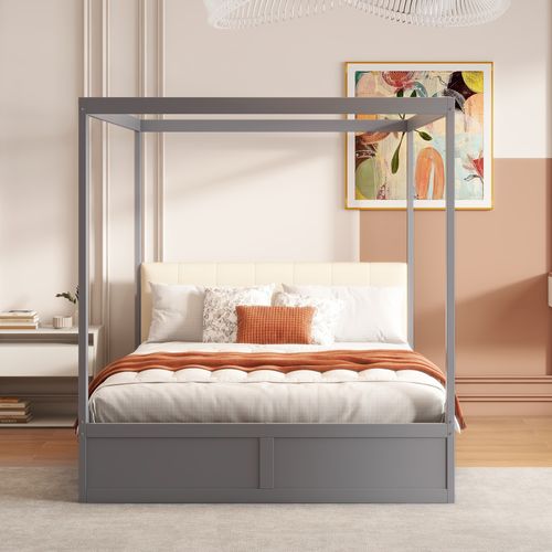 Lit Himmelbett 140x200 Cm En Bois Avec Grands Tiroirs Et Dos Doux, Gris