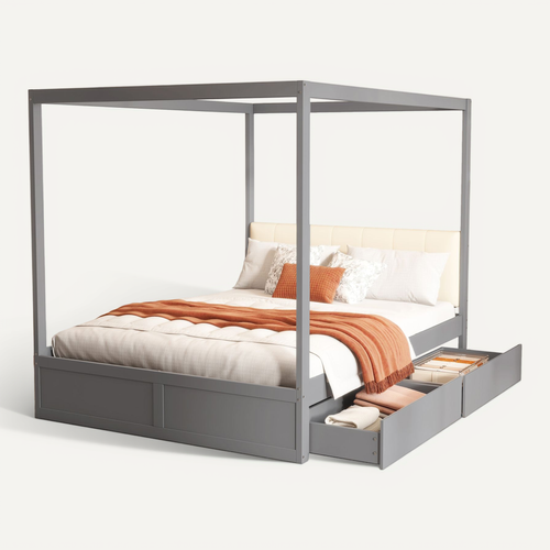Lit Himmelbett 140x200 Cm En Bois Avec Grands Tiroirs Et Dos Doux, Gris