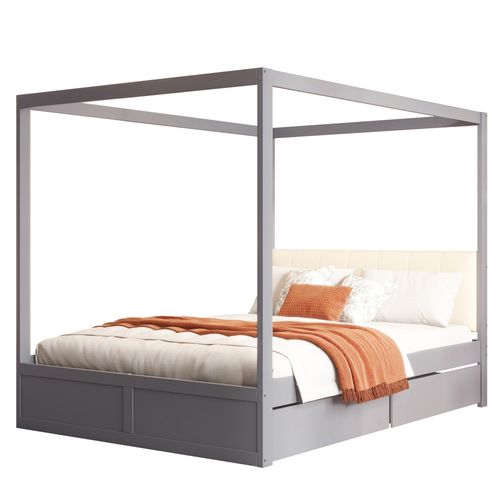 Lit Himmelbett 140x200 Cm En Bois Avec Grands Tiroirs Et Dos Doux, Gris