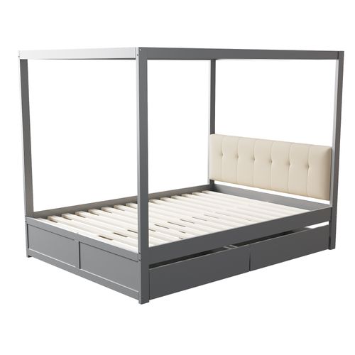 Lit Himmelbett 140x200 Cm En Bois Avec Grands Tiroirs Et Dos Doux, Gris
