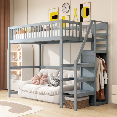 Lit Mezzanine Bois 90x200 Cm Avec Escalier Armoire étagères Cadre Bois Gris
