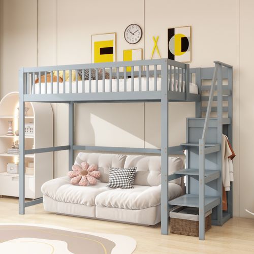 Lit Mezzanine Bois 90x200 Cm Avec Escalier Armoire étagères Cadre Bois Gris