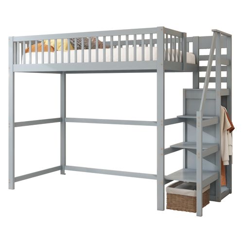 Lit Mezzanine Bois 90x200 Cm Avec Escalier Armoire étagères Cadre Bois Gris
