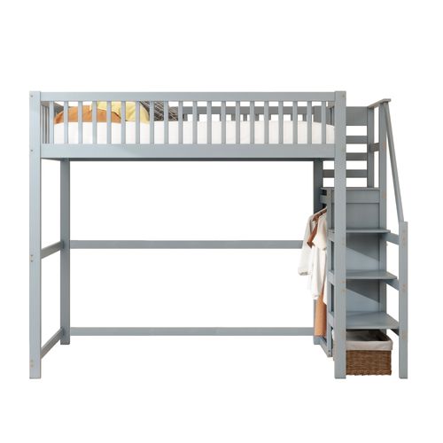 Lit Mezzanine Bois 90x200 Cm Avec Escalier Armoire étagères Cadre Bois Gris