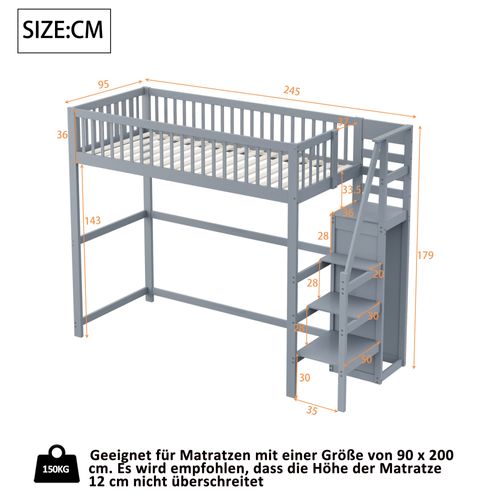 Lit Mezzanine Bois 90x200 Cm Avec Escalier Armoire étagères Cadre Bois Gris