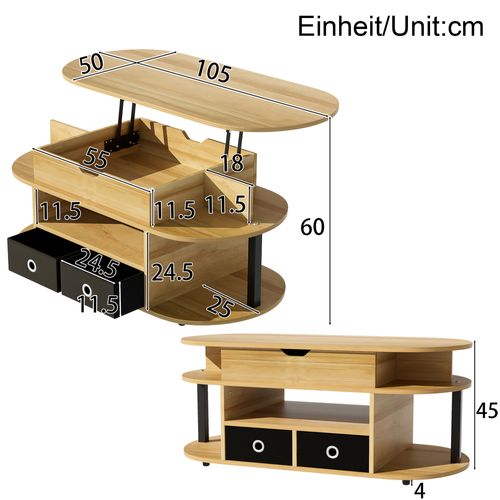 Table Basse Moderne En Bois Avec Plateau Relevable, Tiroirs Tissu Noir, Pour Salon Ou Bureau