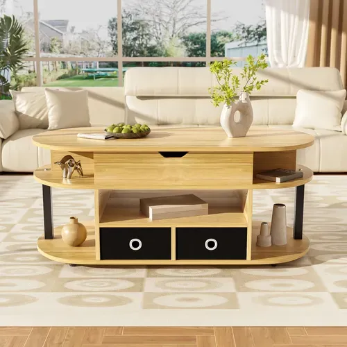 Table Basse Moderne En Bois Avec Plateau Relevable, Tiroirs Tissu Noir, Pour Salon Ou Bureau