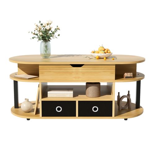 Table Basse Moderne En Bois Avec Plateau Relevable, Tiroirs Tissu Noir, Pour Salon Ou Bureau