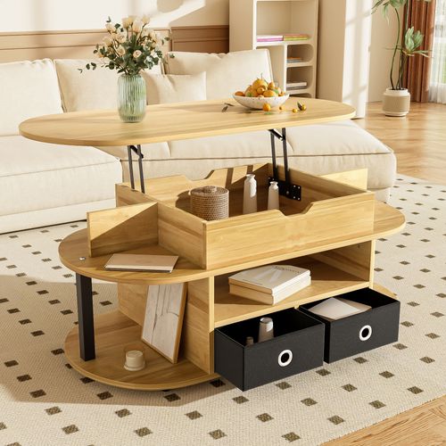 Table Basse Moderne En Bois Avec Plateau Relevable, Tiroirs Tissu Noir, Pour Salon Ou Bureau