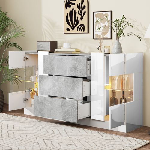 Buffet élégant En Mdf Avec Façades Laquées Blanches Et Look Marbre Gris, éclairage LED 16 Couleurs