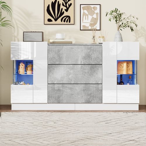 Buffet élégant En Mdf Avec Façades Laquées Blanches Et Look Marbre Gris, éclairage LED 16 Couleurs