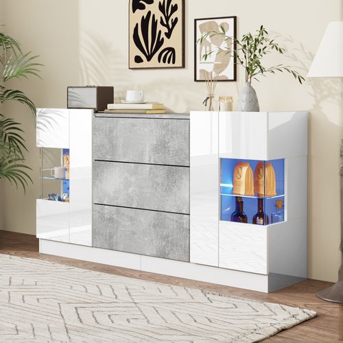 Buffet élégant En Mdf Avec Façades Laquées Blanches Et Look Marbre Gris, éclairage LED 16 Couleurs