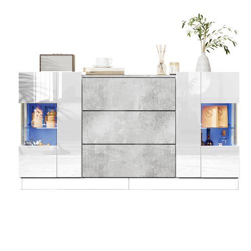 Buffet élégant En Mdf Avec Façades Laquées Blanches Et Look Marbre Gris, éclairage LED 16 Couleurs
