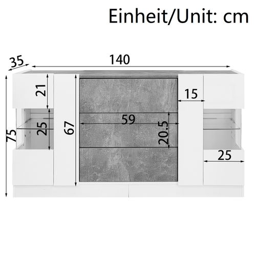 Buffet élégant En Mdf Avec Façades Laquées Blanches Et Look Marbre Gris, éclairage LED 16 Couleurs