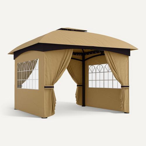 Pavillon 3,4x3,4m, Imperméable, Avec 4 Côtés, Toit Double, Structure Métallique, ,beige