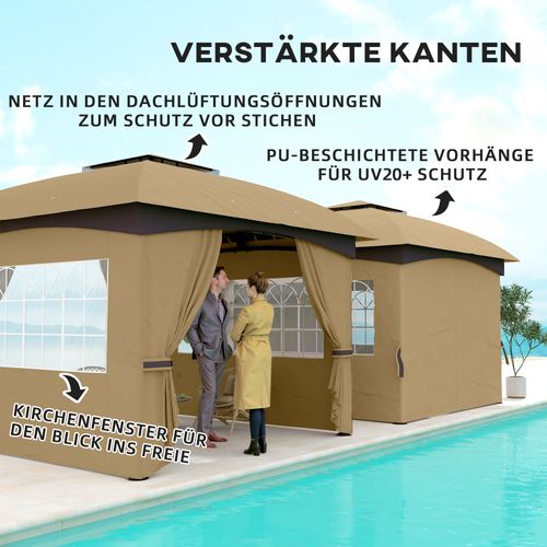Pavillon 3,4x3,4m, Imperméable, Avec 4 Côtés, Toit Double, Structure Métallique, ,beige