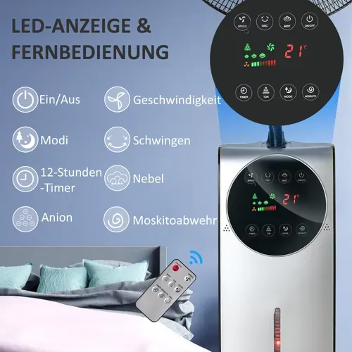 Ventilateur Sur Pied 90w Avec Brumisateur, 3 Modes, Réservoir 31l, Télécommande, Noir