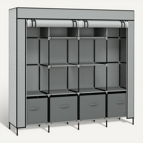 Armoire En Tissu Avec Tringle à Vêtements 10 Compartiments 4 Tiroirs, Gris Foncé