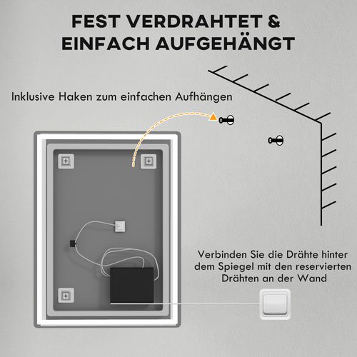 Miroir De Salle De Bain Dimmable 80 X 60 Cm, Fonction Mémoire, Surface Anti-buée