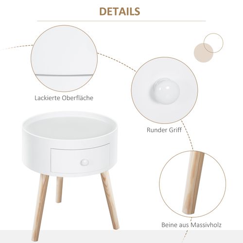 Table Basse Ronde Blanche Avec Tiroir, D.38 cm, 50 kg Max, Chambre Ou Salon