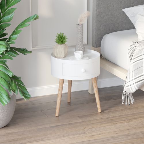 Table Basse Ronde Blanche Avec Tiroir, D.38 cm, 50 kg Max, Chambre Ou Salon