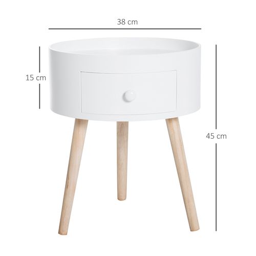 Table Basse Ronde Blanche Avec Tiroir, D.38 cm, 50 kg Max, Chambre Ou Salon