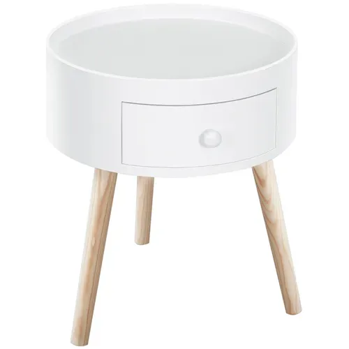 Table Basse Ronde Blanche Avec Tiroir, D.38 cm, 50 kg Max, Chambre Ou Salon
