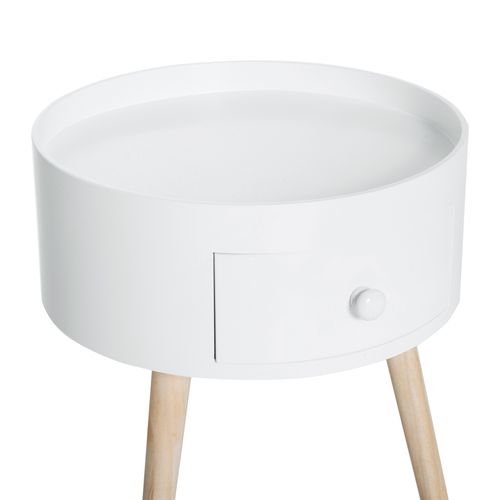 Table Basse Ronde Blanche Avec Tiroir, D.38 cm, 50 kg Max, Chambre Ou Salon