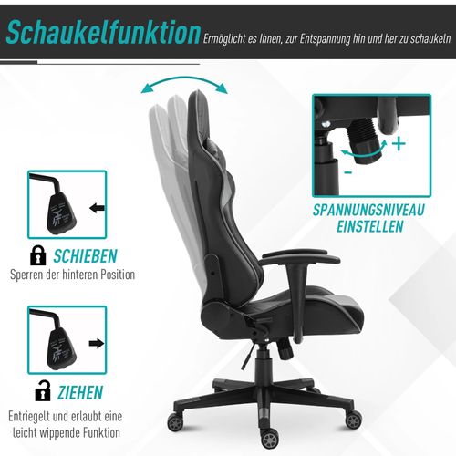 Chaise De Bureau Gaming En Simili Et Mousse, Ergonomique, Pivotante, Noire