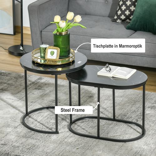 Tables Empilables 2 Pièces, Rondes/ovales, Mdf + Acier Noir, D.50×50,5 cm, Max 30 kg