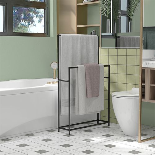 Porte-serviettes Freestanding En Métal Avec 2 Barres, 66 X 20 X 110 Cm, Noir