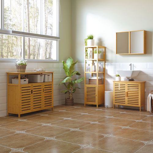 étagère De Salle De Bain Bambou 3 étagères Ouvertes Rangement Optimal 36x33x140cm
