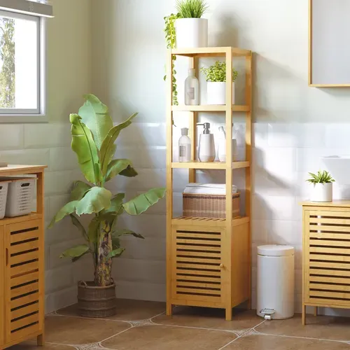 étagère De Salle De Bain Bambou 3 étagères Ouvertes Rangement Optimal 36x33x140cm