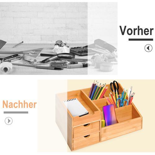 Organisateur De Bureau En Bois Avec 2 Tiroirs Pour Rangement, Naturel