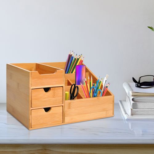 Organisateur De Bureau En Bois Avec 2 Tiroirs Pour Rangement, Naturel