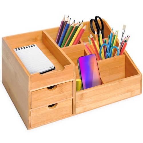 Organisateur De Bureau En Bois Avec 2 Tiroirs Pour Rangement, Naturel