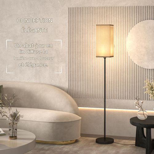 Lampadaire moderne à pied avec abat-jour en lin, interrupteur au pied, noir, pour salon et chambre
