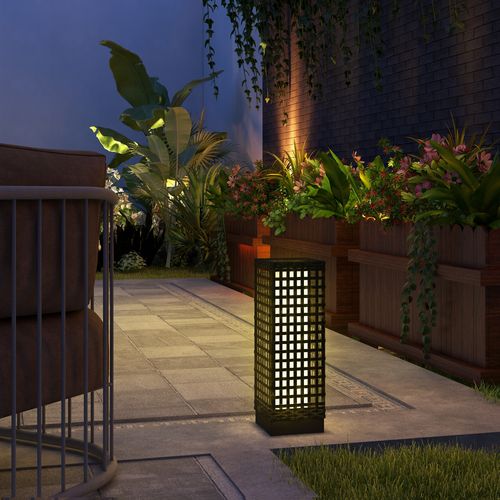 Lampe Solaire En Rattan Design 15,5x15,5x46cm étanche Avec Capteur De Lumière, Noire