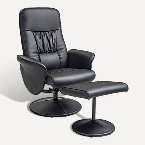 Fauteuil Relax Pivotant En Simili Avec Repose-pieds, Dossier Inclinable, Noir