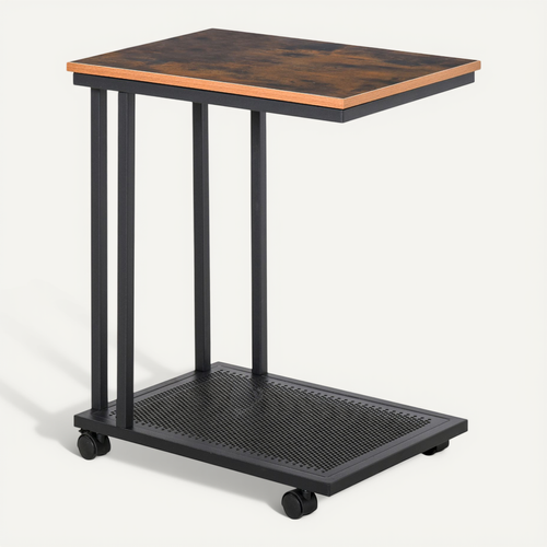Table D'appoint C-forme Roulante, Chariot De Service En Bois Et Métal, Noir/walnut 51x36x65 Cm