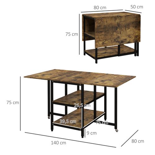 Table Pliante Avec Roulettes, 140x80 Cm, Pour 2-6 Personnes, Avec 2 étagères, Rustique-brun, Acier
