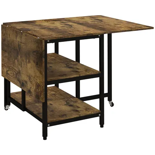 Table Pliante Avec Roulettes, 140x80 Cm, Pour 2-6 Personnes, Avec 2 étagères, Rustique-brun, Acier