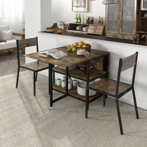 Table Pliante Avec Roulettes, 140x80 Cm, Pour 2-6 Personnes, Avec 2 étagères, Rustique-brun, Acier