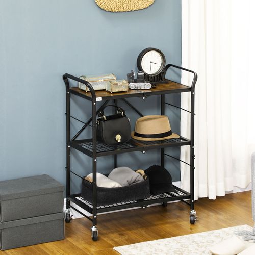Chariot Pliable En Acier à 3 Niveaux Avec Poignée Et Roulettes, Brun Et Noir