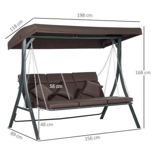 Banc à Bascule 3 Places En Métal Et Textiline, Toit Réglable, Avec Coussins, Marron